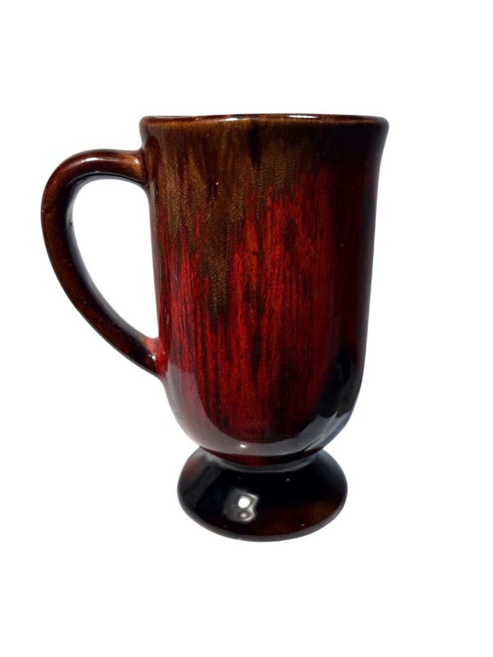 Ceramic Pedestal Mug With Handle Glossy Red & Brown Glaze Rustic 5.25" Tall